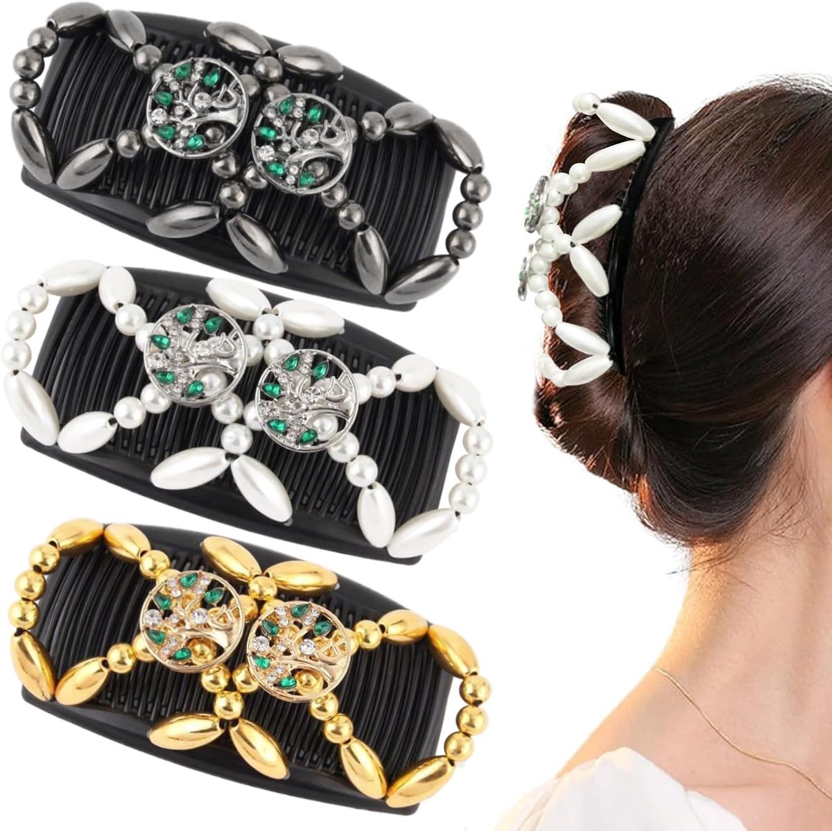 Haarkam Set - Haarspeld Elastisch - Dagelijkse Styling - Met Parels Versierd - 3 Stuks - Zwart