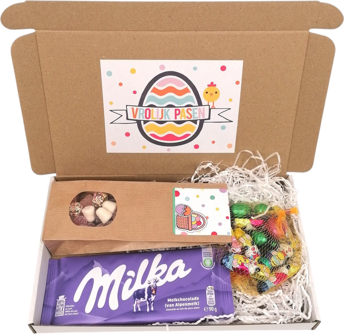 Pasen cadeau chocolade - brievenbuspakket Vrolijk Pasen - Chocolade paashaasjes-eitjes - Tum Tum - Chocolade