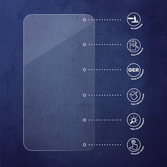 Heldere screenprotector met iconen voor 9H hardheid, scherfwerend en made in Germany.
