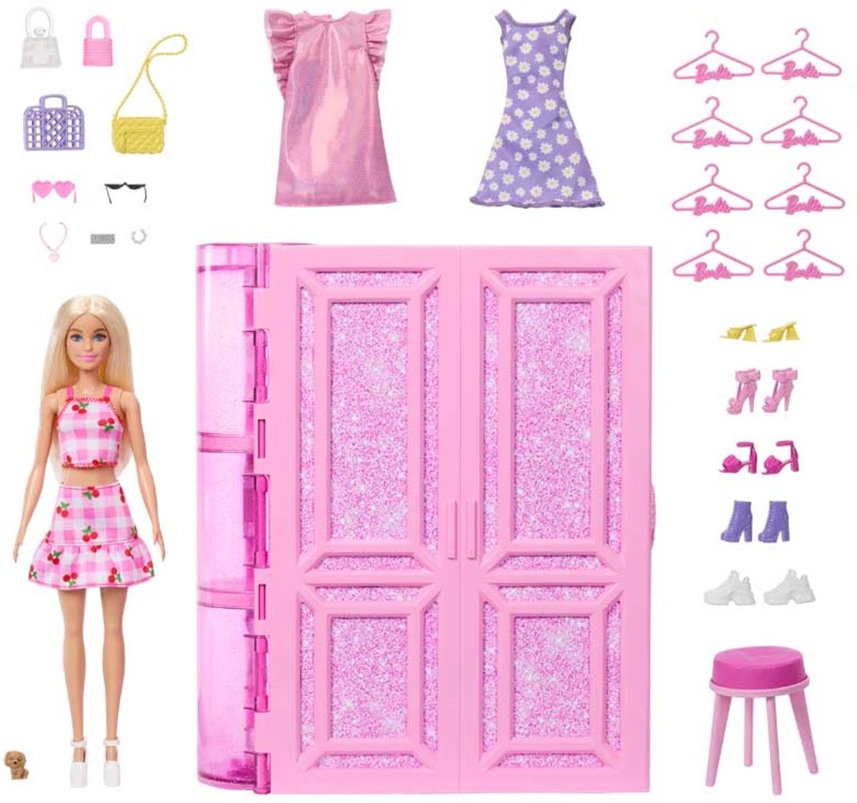 Barbie Super Kledingkast – Modepop met 25+ Stukken, Roze Glitterkast & Kaptafel — afbeelding 6
