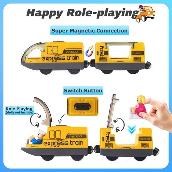 Gele 'express train' locomotief en wagon met magnetische koppeling en schakelaar. Trein met poppetje in wagon.