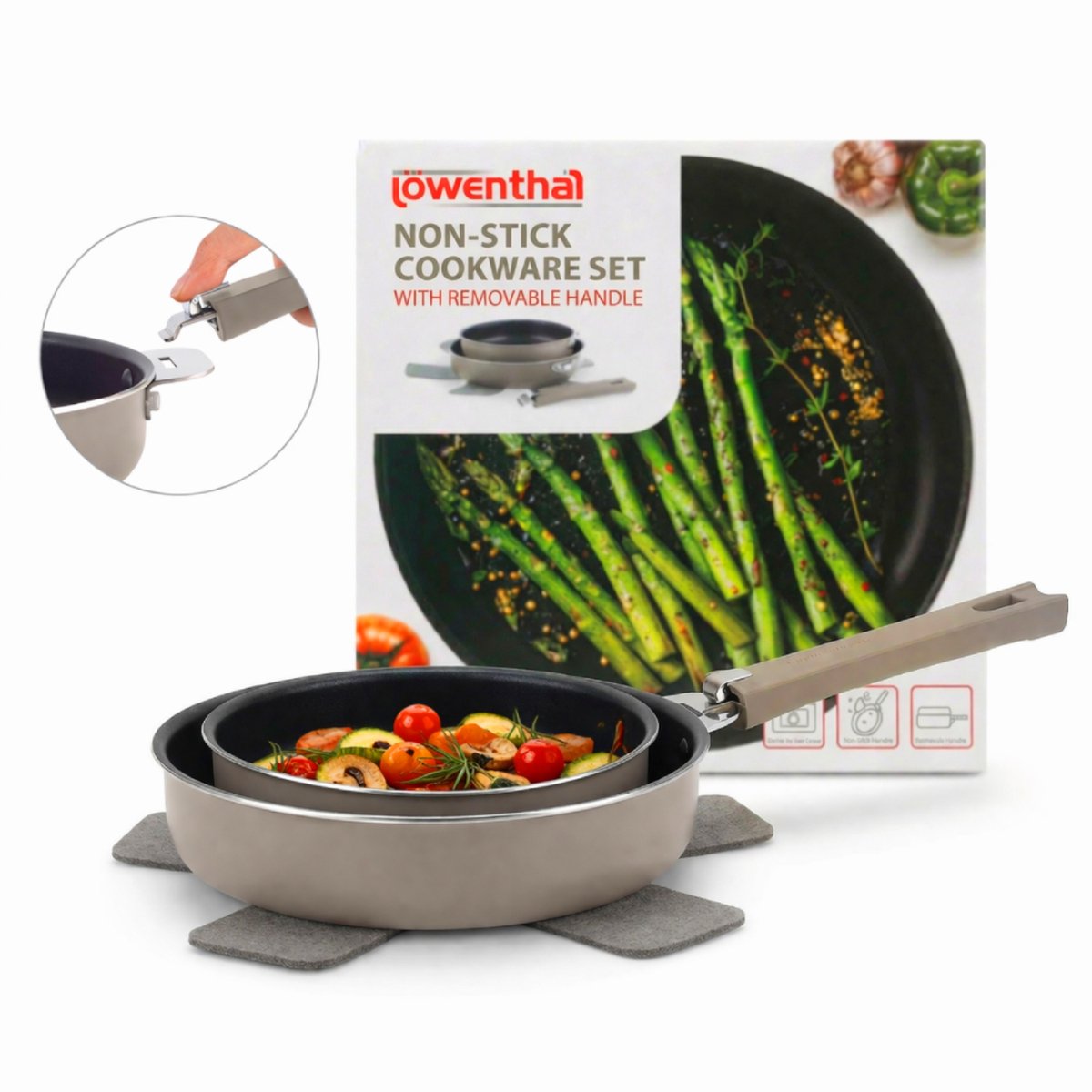 Pannenset met Afneembare Handgreep - 3 Delig Ø20 & 24 cm - Koekenpannenset met Non Stick Laag - Inductie, Gas, Keramisch & Elektrisch - Aluminium Kookpannenset - PFAS Vrije Hapjespan - Ruimtebesparende Bakpannenset - Frying Pan - Löwenthal - Taupe