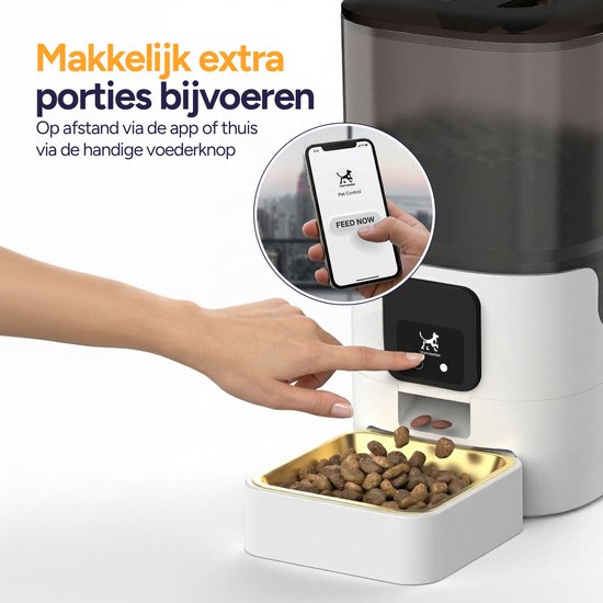 Automatische voerbak 6L, hand wordt bediend via de app 'Pet Control' 'Feed Now'.