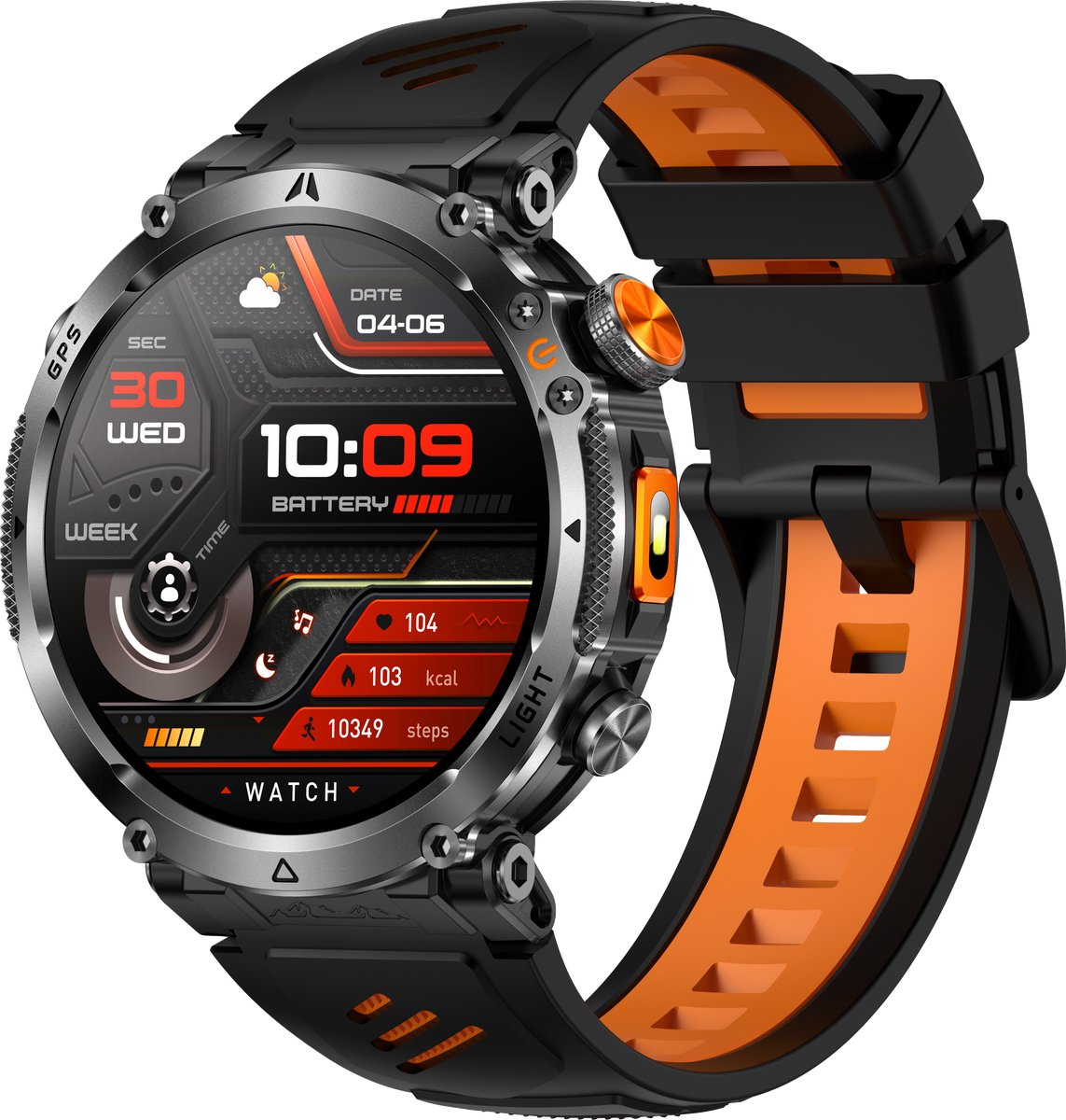 Knobbout GPS Smartwatch 1.7" (4,3 cm) Scherm met LED Zaklamp – 850mAh Batterij | IP68 Waterdicht | Kompas, Hoogtemeter & Barometer | Outdoor Sport Horloge met Bluetooth Bellen - Oranje