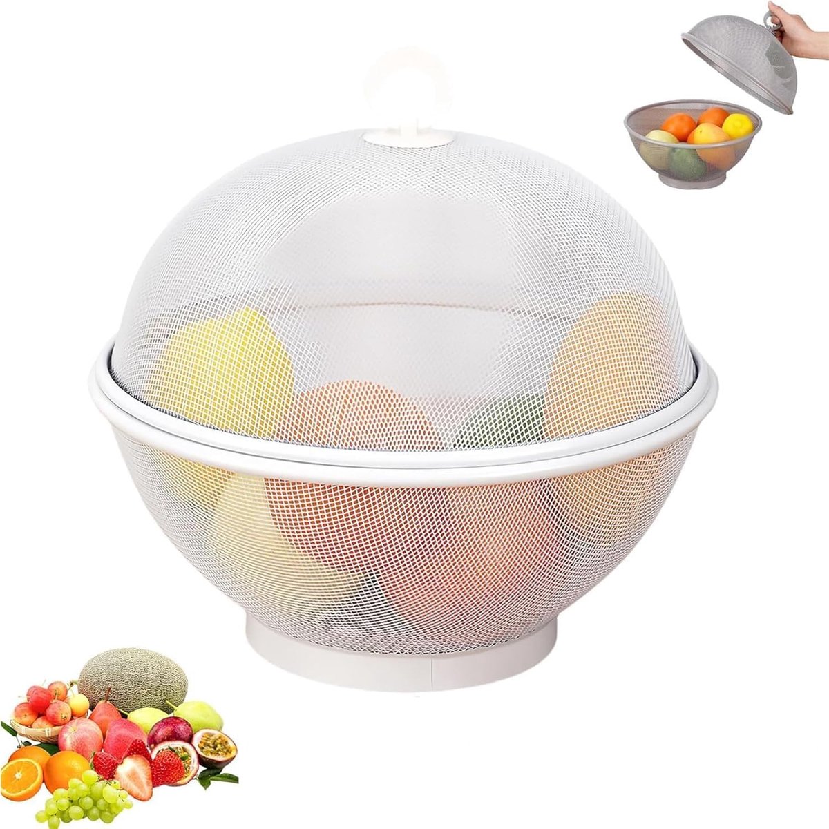 Fruitmand met Deksel - Groentemand Afvoer - Voedsel Bewaren - Verhoogde Basis - Wit