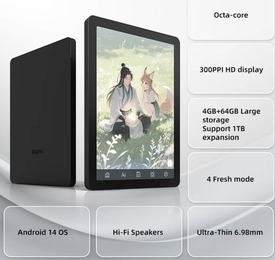 E-reader 6 inch E-Ink eBook Reader B6 - OS Android 14 - 36-Level Frontlight - 4GB RAM 64GB Opslag - Oogvriendelijk Scherm - Zwart van Merkloos — afbeelding 2