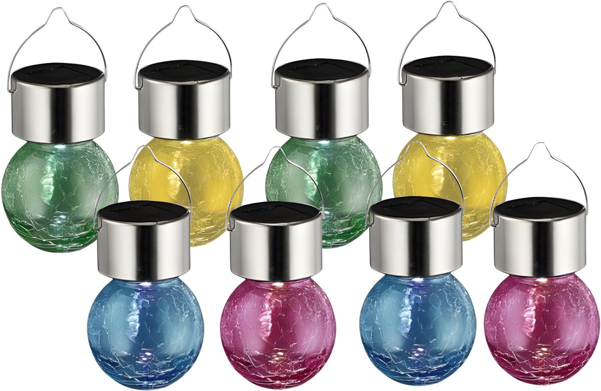 Solar sfeer hanglamp - 12x stuks - geel / groen / roze / blauw - 9 cm - glas - aan haak