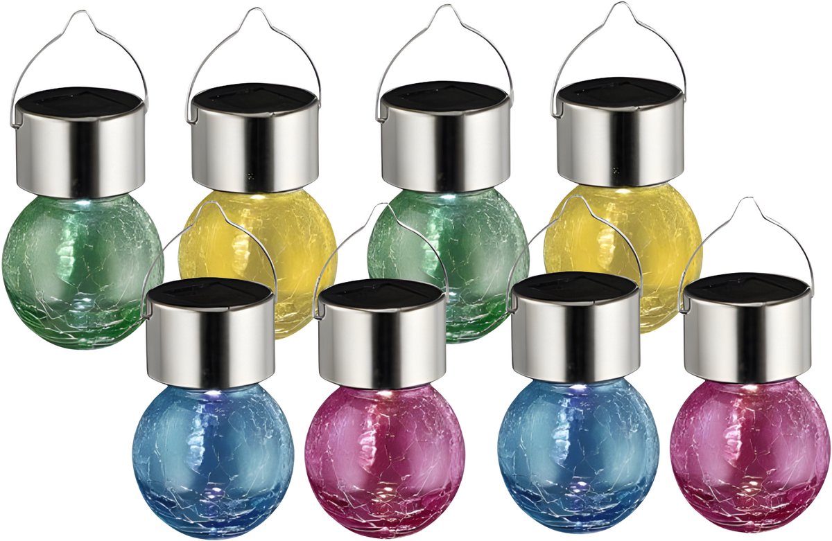 Solar sfeer hanglamp - 8x stuks - geel / groen / roze / blauw - 9 cm - glas - aan haak