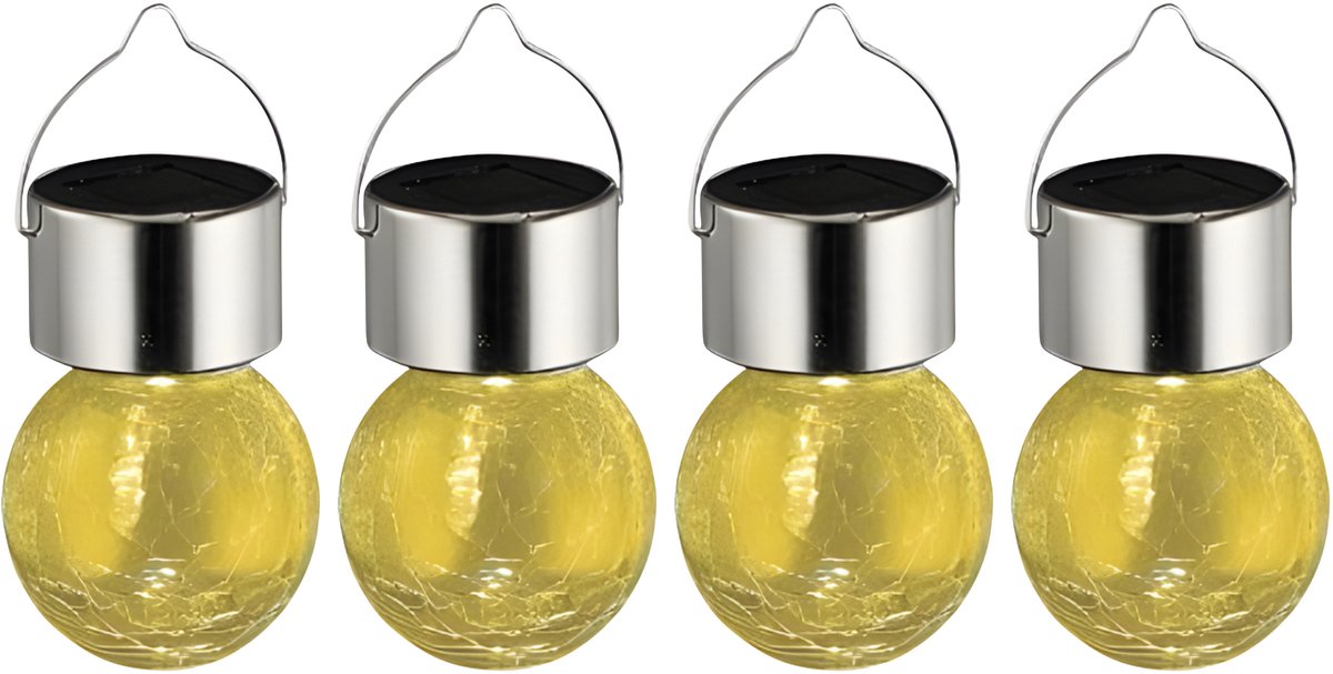 Sunnydays Solar sfeer hanglamp - 4x - tuin - lampenbol - geel - glas - 9 cm - ophang haakj