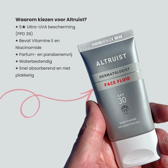 Een hand met een tube Altruist Face Fluid SPF 30, die wordt aangebracht. Tekst in het Nederlands over waarom kiezen voor Altruist.