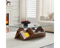 Salontafel met Glazen Blad - Moderne Salontafel - Donkerbruin Houtlook - Met Opbergruimte - 103x63 cm