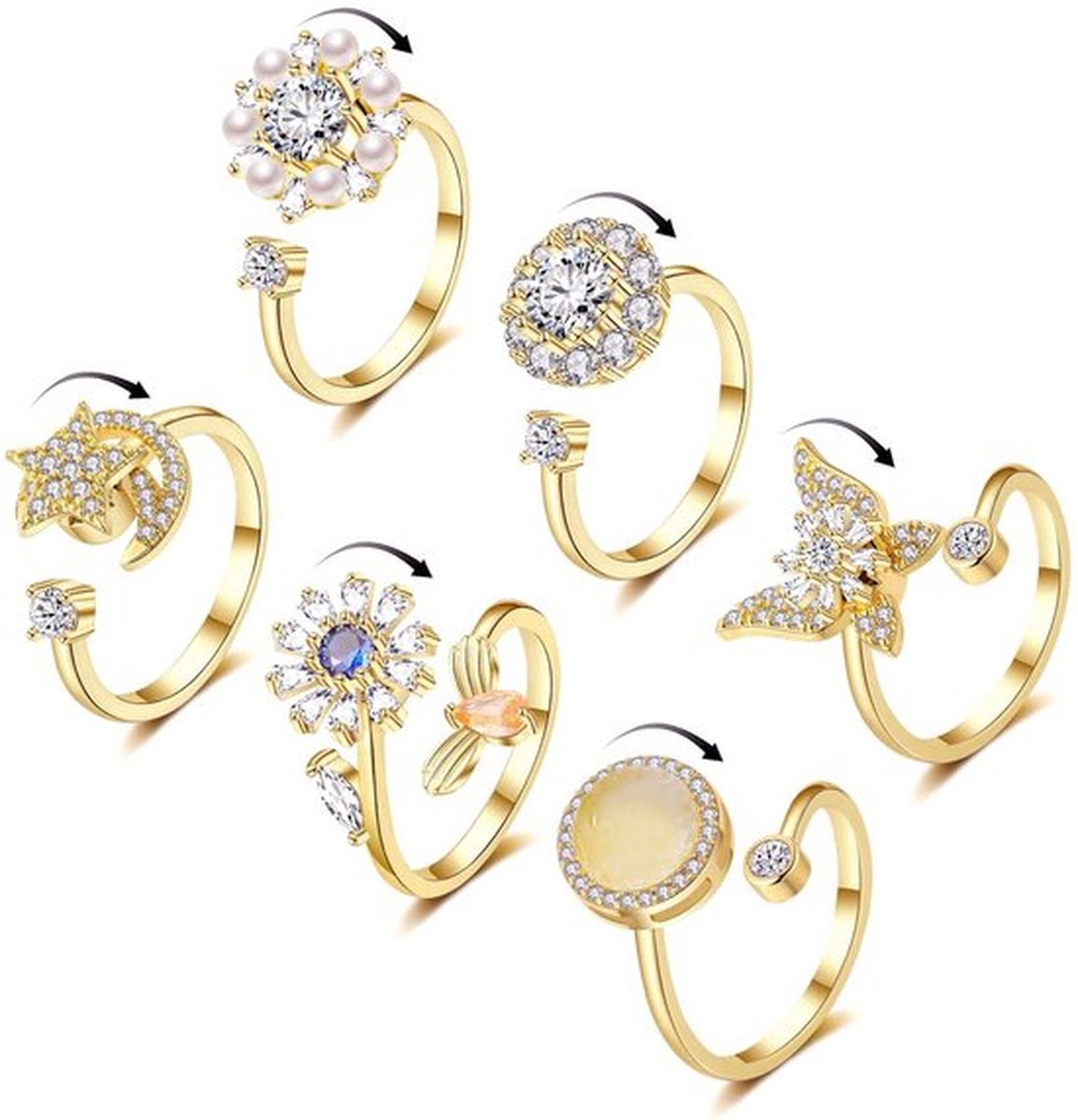 6 stuks anti-angst fidget-ringen voor dames, verstelbare spinnerring, vlinder zonnebloem ster angst ringen, modieuze sieraden stressverlichting voor vrouwen, Gouden