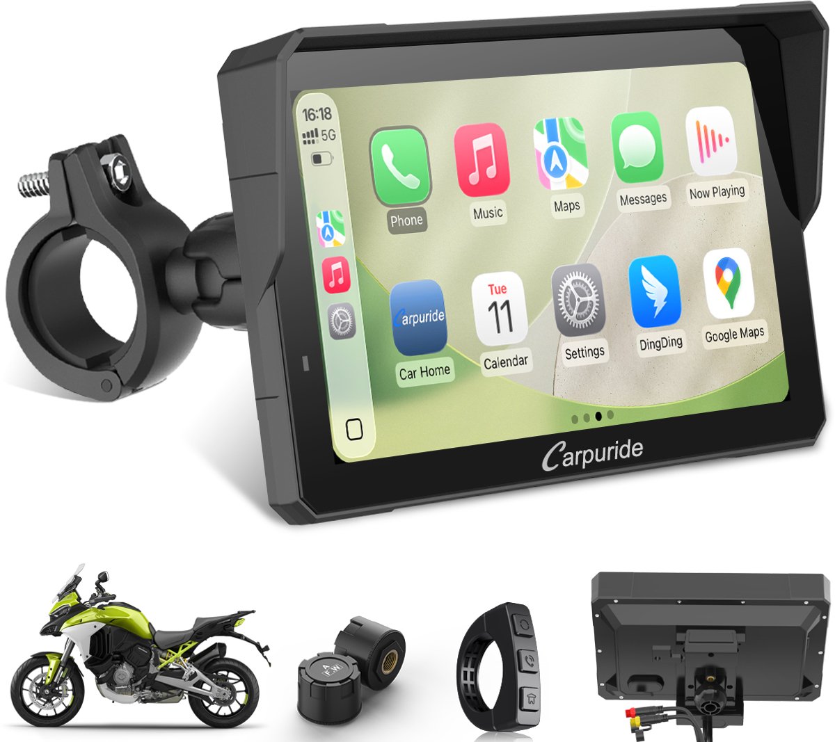 CARPURIDE W702SPro +TPMS - Motorfiets Carplay-scherm - Plug-and-play BM05-beugel - bedrade controller - CarPlay en Android Auto