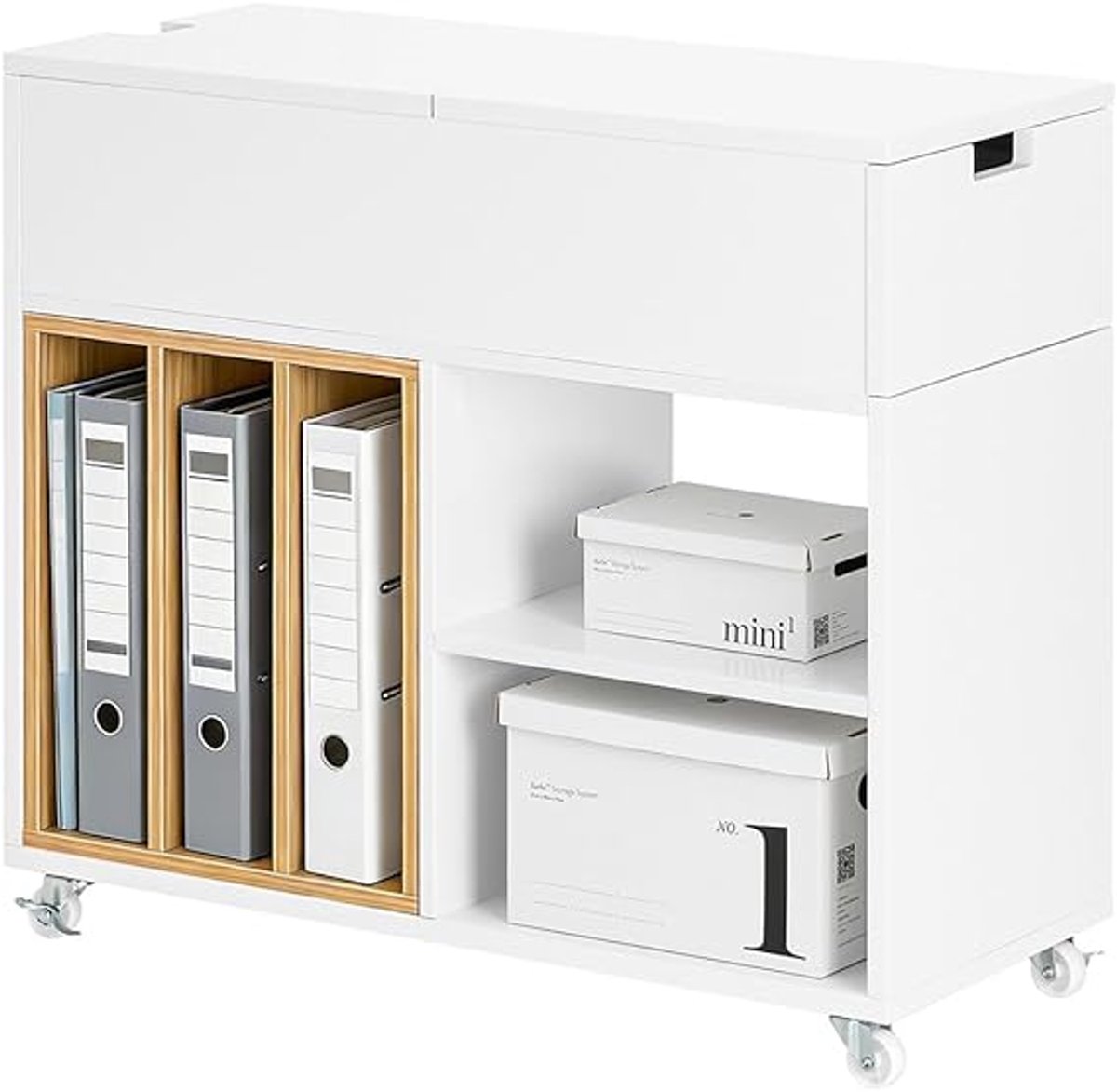 Rollcontainer met opklapbaar blad 30 x 61 x 70 cm – mobiel ladeblok met wielen, printertafel en opbergkast met vakken en boekenrek – multifunctionele bureaukast voor kantoor en thuiswerkplek – Urbanhome