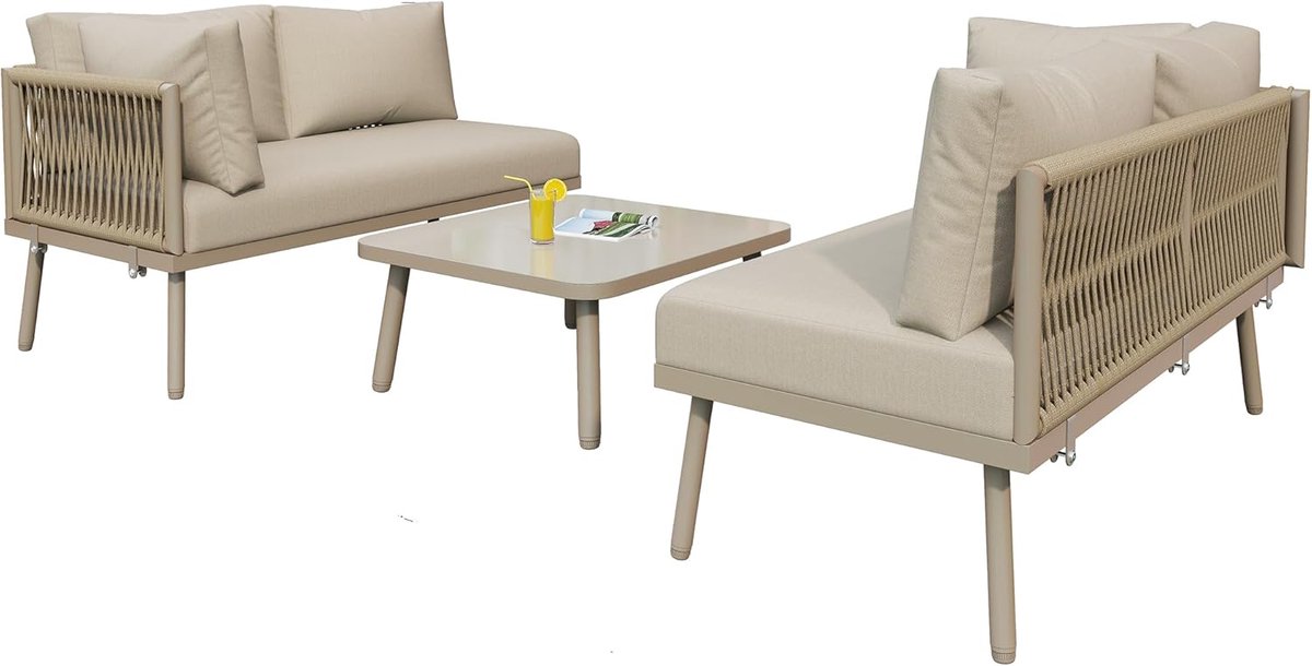 Luxe L-vormige 4-Persoons Tuin Loungeset met Tafel en Kussens – Compact Balkon- en Terras Meubelset 120x60x72 cm Modern IJzeren Frame