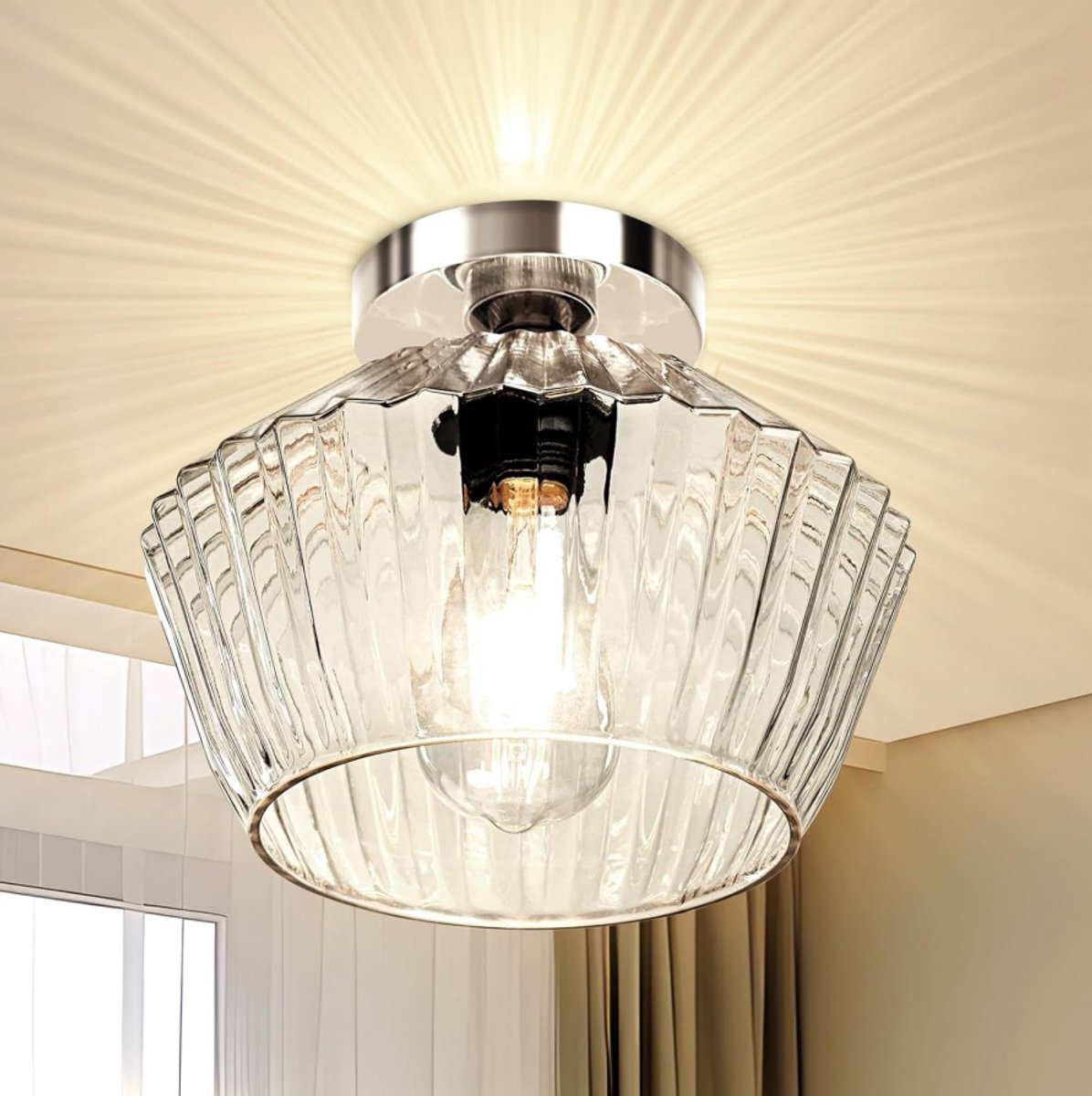 Transparante gestreepte ruitvormige glazen plafondlamp - Glazen plafondlamp - Drie instelbare kleuren - Verchroomde lampenkap-Max60w