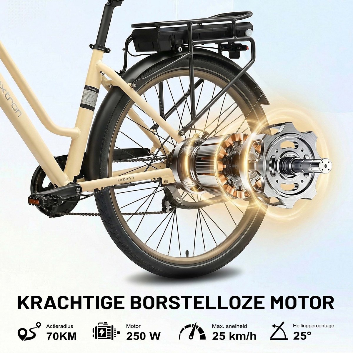 Maxtron Urban7 Elektrische Fiets – 468.8Wh Accu – Actieradius tot 70 km – 27.5×2.0 Inch Banden – Aluminium Verende Voorvork – Shimano RD-M310 Versnellingssysteem – Mechanische Schijfremmen – Stadsfiets – Max. Belastbaar 120 kg – Beige thumbnail 5