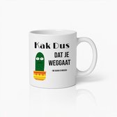 Witte mok met opdruk "Kak Dus Dat Je Weggaat". Een grappige cactus in een pot staat naast de tekst.