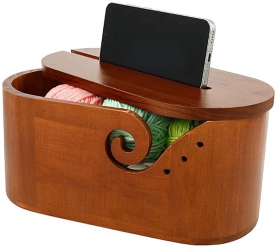 Foto: Houten garenkom met telefoonhouder gaten voor naalden luxe breikom wolhouder anti klit garengeleider handwerk organizer wolkom natuurlijk bruin haken breien wolhouder garenhouder