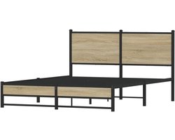 Bedframe Metaal Hout - Ledikant Tweepersoons - Slaapkamer Meubel - Extra Opbergruimte - 140x200 cm - Sonoma Eiken
