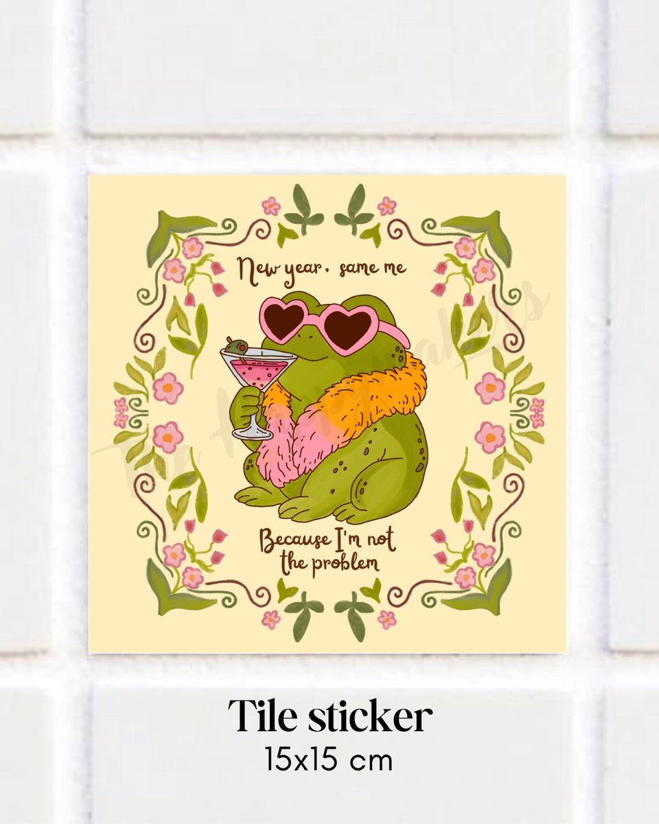 Tegel sticker met spreuk en illustratie , spreuktegel, ''new year same me'' kikker, 15x15 cm badkamertegel, keukentegel, woondecoratie, decoratie tegel, waterproof tegel, tegeltjeswijsheden, cadeau, handgemaakt, muursticker