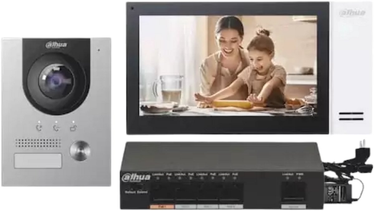 Dahua KTP01L(F) complete IP video deurbel intercom kit met VTO2201F-P-IP en VTH2421FW-P inclusief PoE switch en inbouwbehuizing