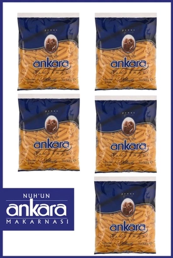 Cinq sacs de pâtes penne Nuh'un Ankara, chacun de 500g, avec le logo de la marque.