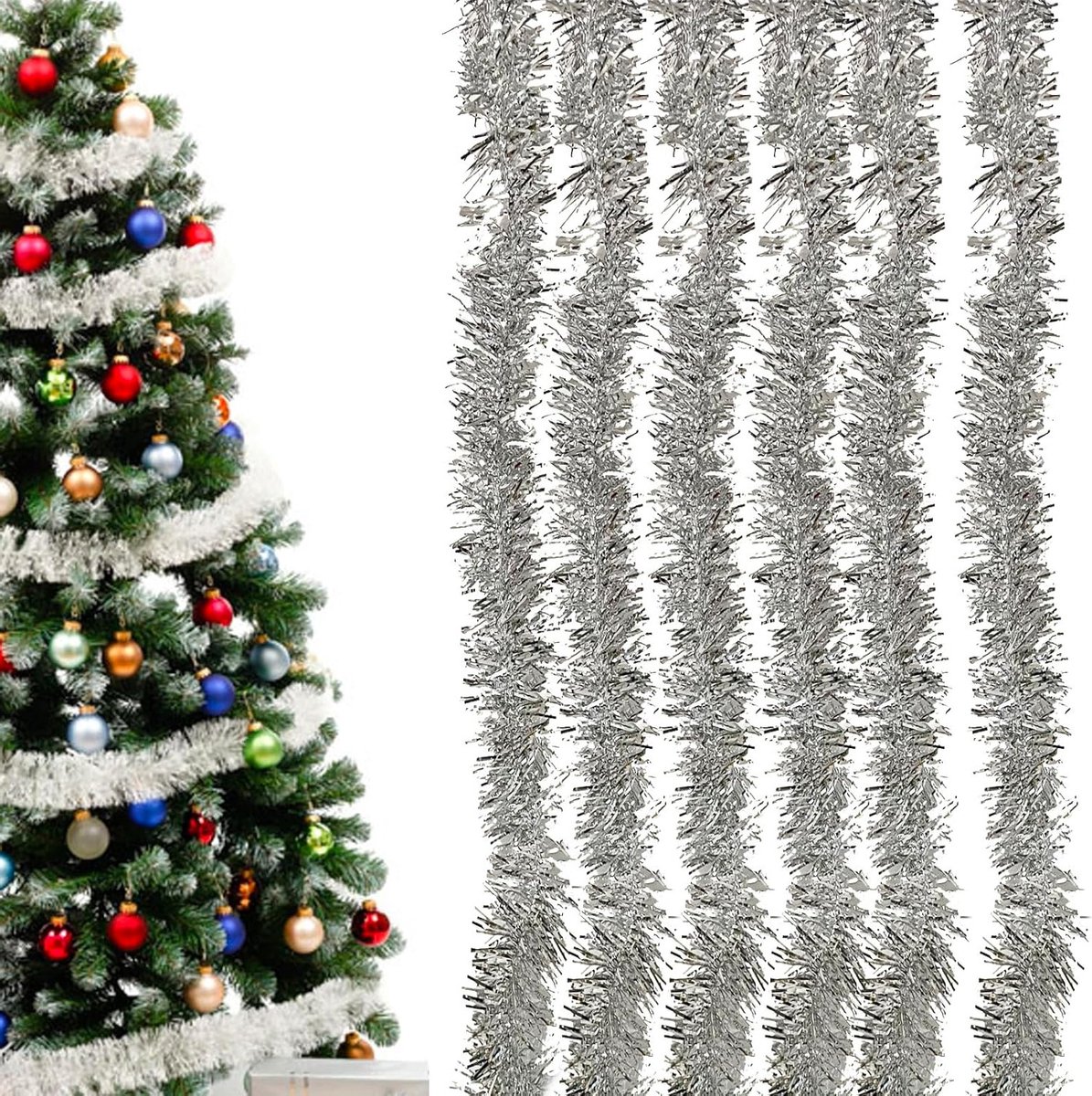 Shiny Lametta Garlands voor Kerstboomdecoratie - 6 Stuks Glanzende Versieringen voor Feestdagen en Kerstdecoratie in Zilver