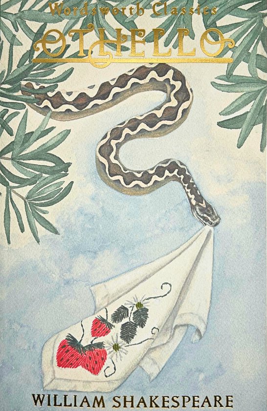 Omslag van het boek Othello met een slang die een doek met aardbeien vasthoudt, omringd door bladeren.