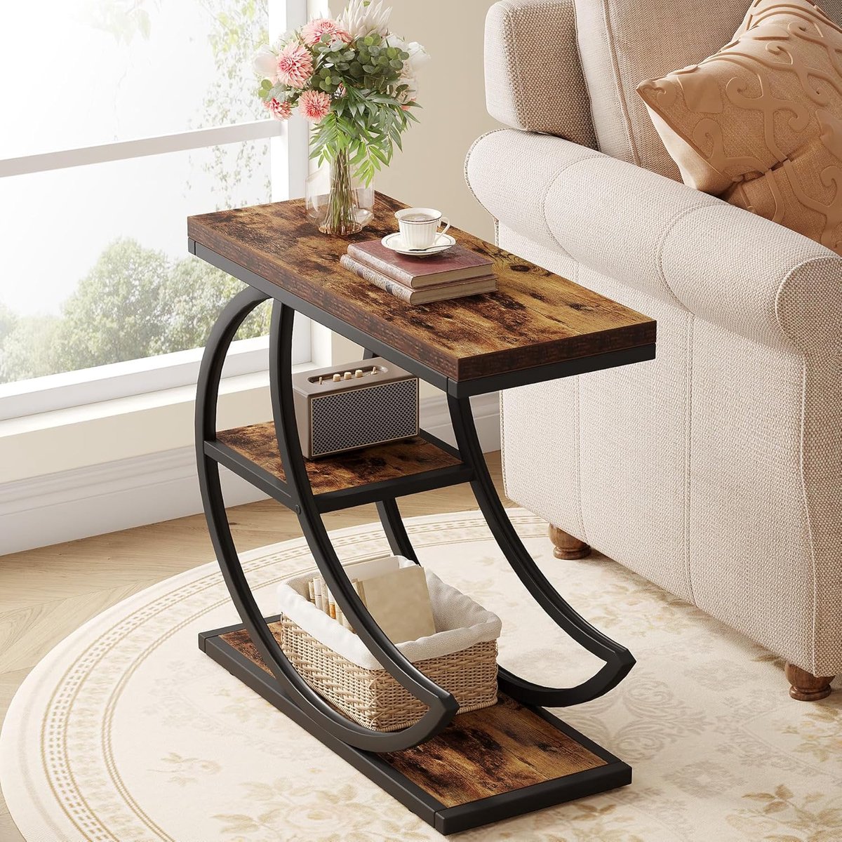 Bijzettafel Industrieel 3-Laags met Opbergruimte - House&Garden Urban Loft Side Table - Smalle Banktafel, Nachtkastje, Salontafel met Metalen Frame en Houten Planken - Rustiek Bruin - 60 x 30 x 66 cm