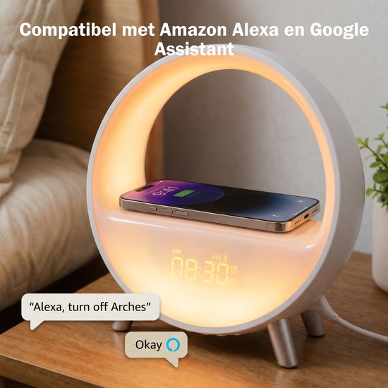 Inga® Smart Wake Up Light met zonsopgang simulatie, draadloos oplader, en bluetooth speaker| Automatische tijdinstelling | Wifi | Zet de toon met 9 omgevingssferen en 4 natuurlijke geluiden