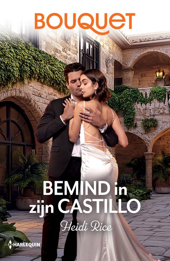 Koppel omhelst elkaar, vrouw draagt satijnen jurk met open rug. Tekst: BEMIND in zijn CASTILLO. BOUQUET.