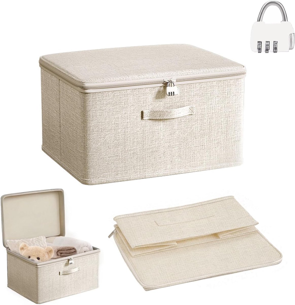 Vouwbare Opbergdoos met Slot en Handvatten voor Kleding, Speelgoed en Boeken - 30 x 20 x 14 cm, Wit en Ruimtebesparend
