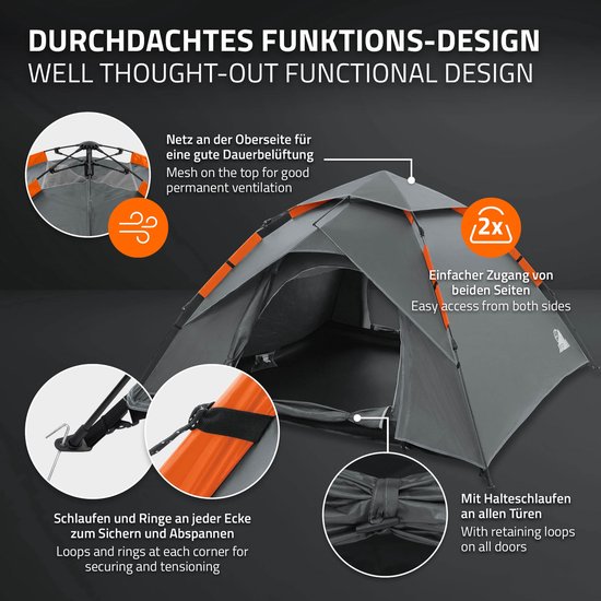 Pop-up tent voor 4 personen, kampeertent outdoor grijs, dubbelwandige koepeltent met 2 deuren, waterdicht & winddicht met draagtas van POP — afbeelding 4