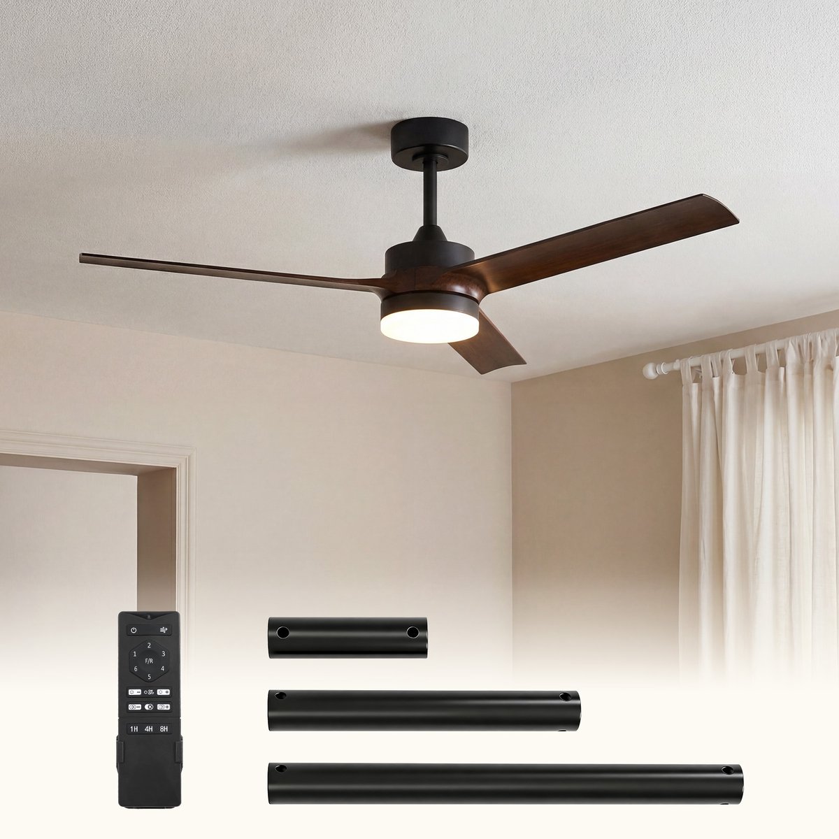 Tribesigns Plafondventilator Met Verlichting Ø132cm- Stille Ventilator met Afstandsbediening - Smart Plafondventilator met 3 bladen - LED - 3000-6500K Dimbaar - Bruin - voor Slaapkamer, Woonkamer & Terras