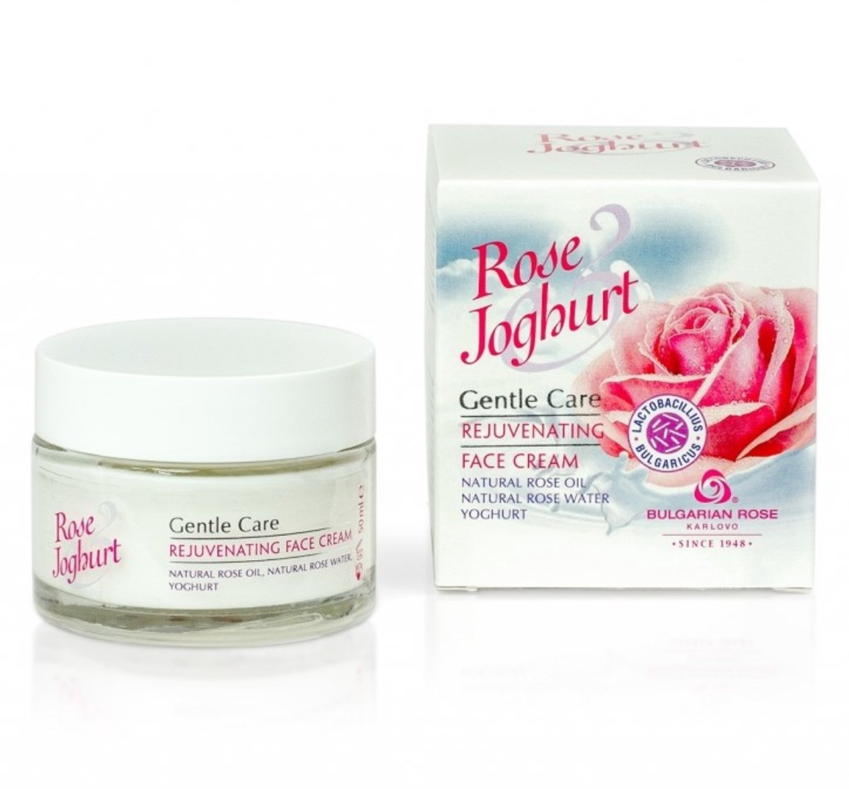 Verjongende gezichtscrème Rose Joghurt | 50 ml | Dag-/nachtcrème met Bulgaarse yoghurt, Pentavitine en 100% natuurlijke Bulgaarse rozenolie en rozenwater