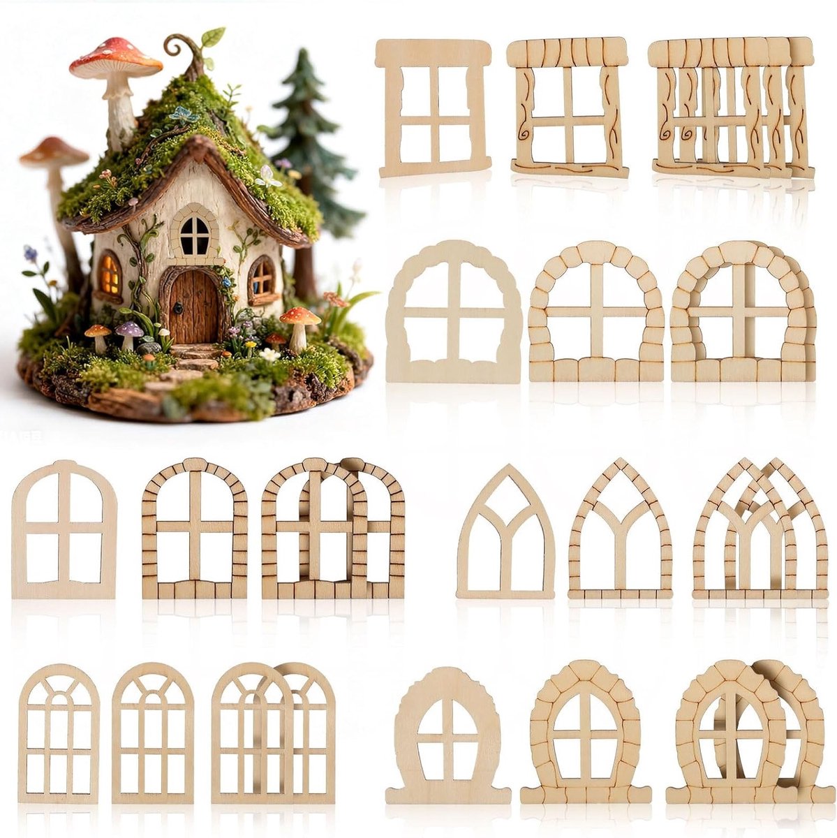 25-delige miniatuur vensterdeurset van onbehandeld hout voor poppenhuis, feeëntuin en tuindecoratie, doe-het-zelf knutselset voor creatief plezier