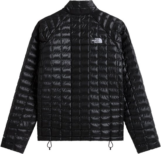 Zwarte, glanzende jas met ruitpatroon en het logo van The North Face op de borst.