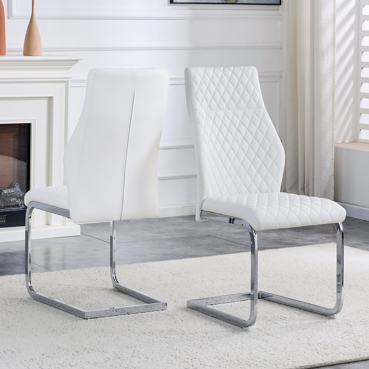 MODFU Eetkamerstoelen Set Van 2 - Ruitstiksel - Hoge Rugleuning - Modern - Metaal En PU-Leer - Wit En Zilver Wit + Zilver