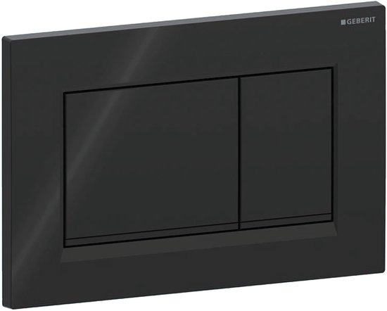 Geberit Sigma20 bedieningsplaat in mat zwart met glanzende knoppen.