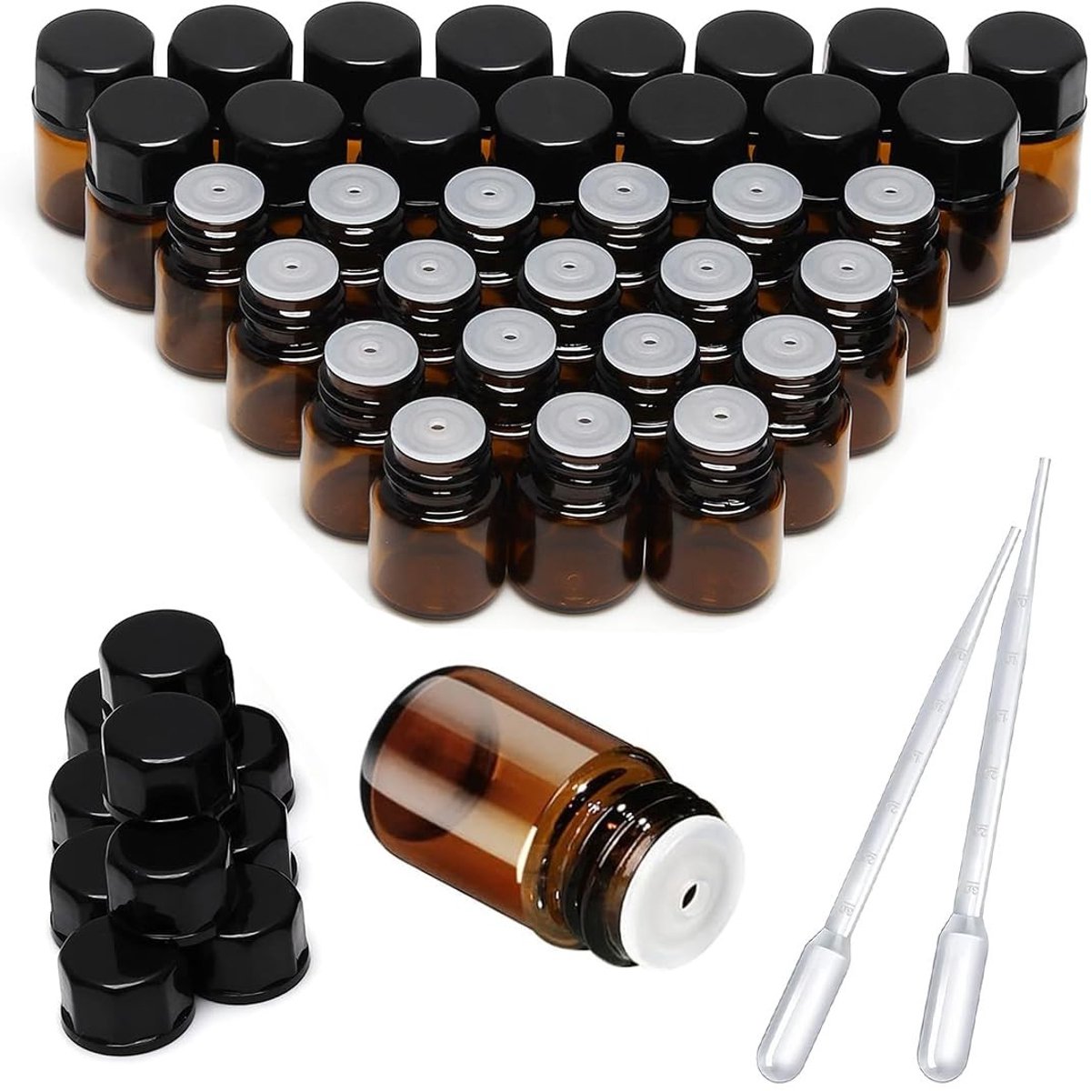 Dailygoods- Glazen Fles 3ml - Beugelfles - Glazen Flesjes met Dop - Glazen Flesjes voor Essentiële Olie - Mini Flesjes - UV-bestendig - Olieflessen