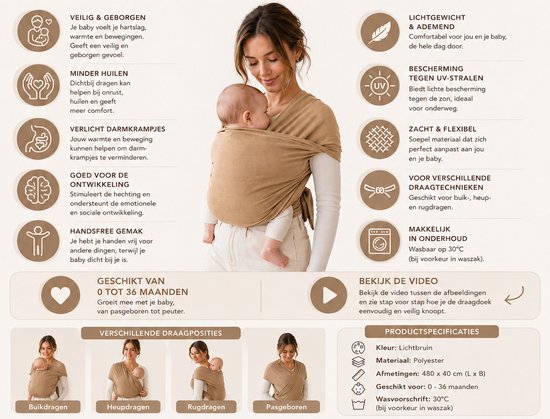 Baby Draagdoek Lichtbruin - Babywrap - Draagzak - Baby carrier - Baby 0-36 maanden - 40x480 cm van Merkloos — afbeelding 5