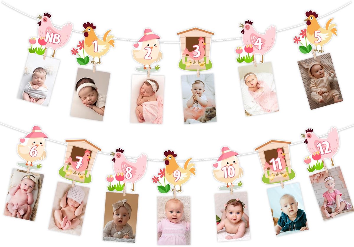 Dailygoods- Verjaardagsfeestje Decoratie - Fotobanner Kippenthema - Boerderij Dieren - 1e Verjaardag - 13 Stuks - Schattig Ontwerp - Feestdecoratie