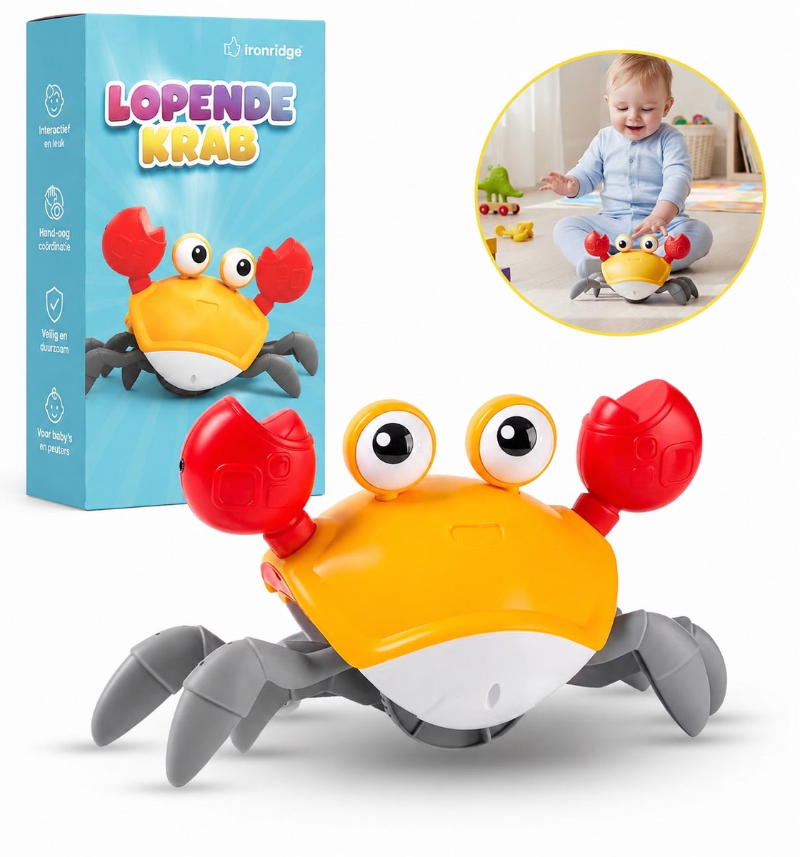 Ironridge lopende Krab Baby Speelgoed – Interactief Kruipspeeltje met Sensor, Licht & Muziek – Oplaadbaar – Educatief Babyspeelgoed 6+ maanden
