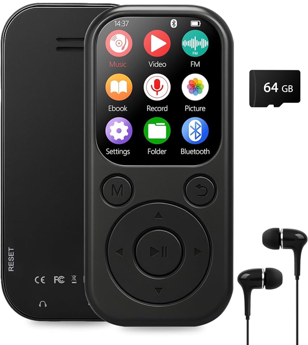 MP3 Speler met Bluetooth 5.3 - 64GB Kaart Inclusief - Uitbreidbaar tot 512GB - Voice Recorder - FM Radio - met Oordopjes - voor Sport En Reizen - Zwart