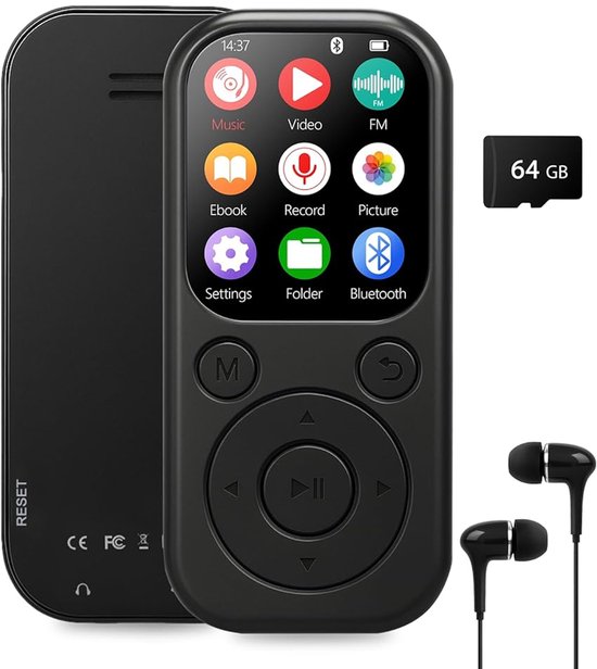 Zwarte MP3-speler met 64GB kaart en oordopjes, toont muziek, video, FM, ebook, opnemen, foto's, instellingen, map en Bluetooth-iconen.