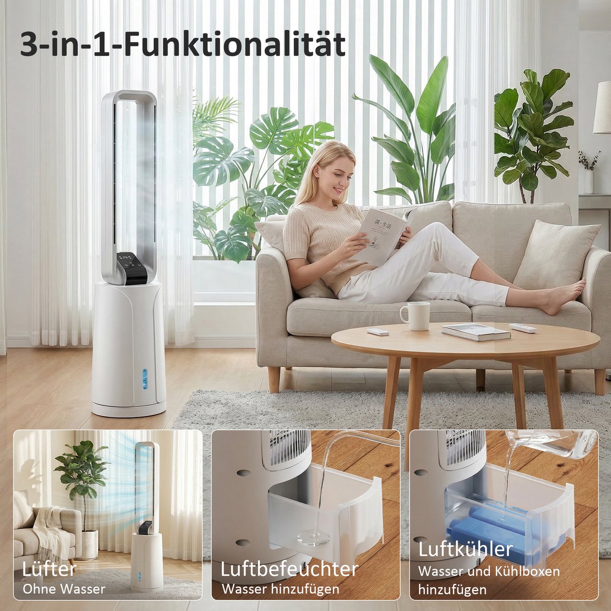 Mobiele Aircooler - 3-in-1 Torenventilator & Luchtkoeler - 1.7 Liter Waterreservoir - Met Afstandsbediening & Timer (15u) - Voor Thuis - Kantoor thumbnail 8