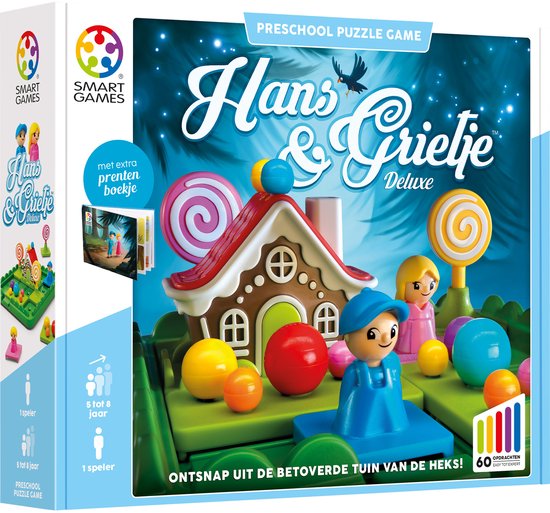 Doos van het spel Hans & Grietje Deluxe. Het spel bevat een groen speelbord, een snoephuisje, personages, ballen en snoepjes.