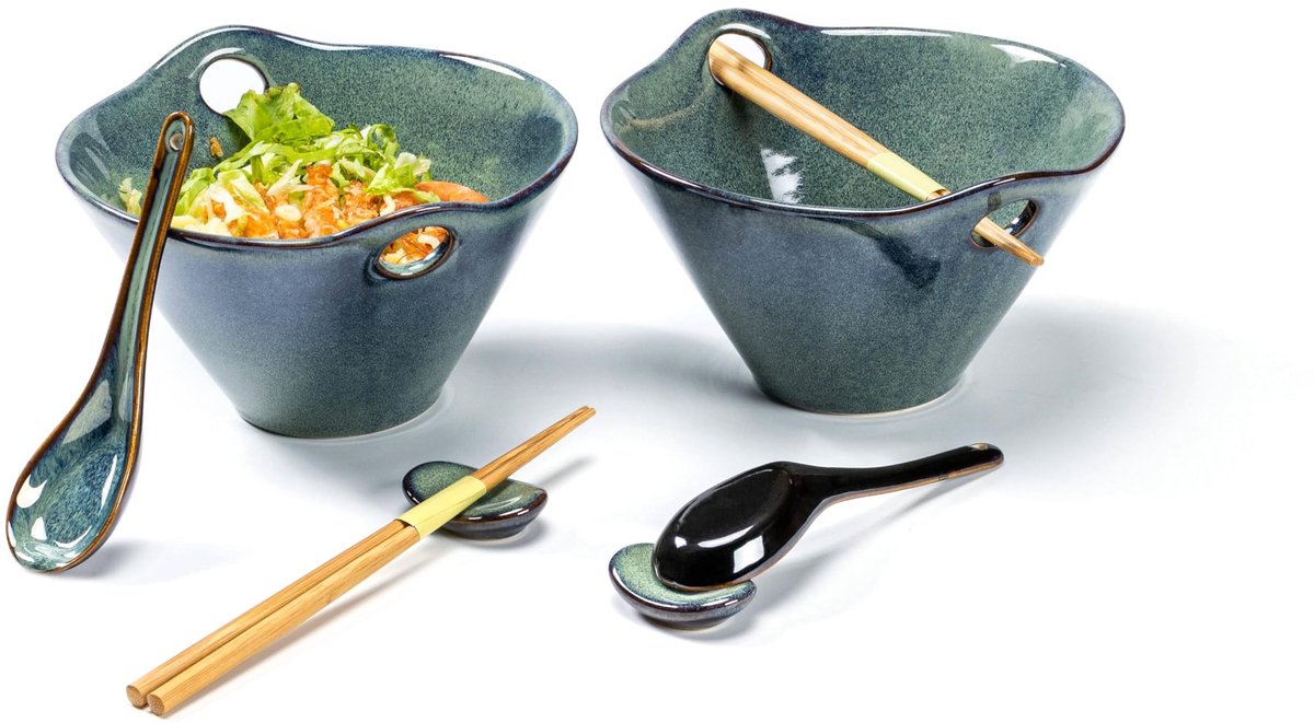 Dailygoods- Ramenkom 780 ml - Set met Eetstokjes - Keramiek - Loodvrij - Handgemaakt - Geschikt voor Vaatwasser/Magnetron - Soepkom