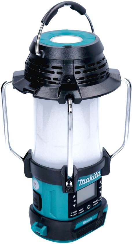 Makita radio lantaarn met handvat, turquoise en zwart, met display en zilveren handgrepen.